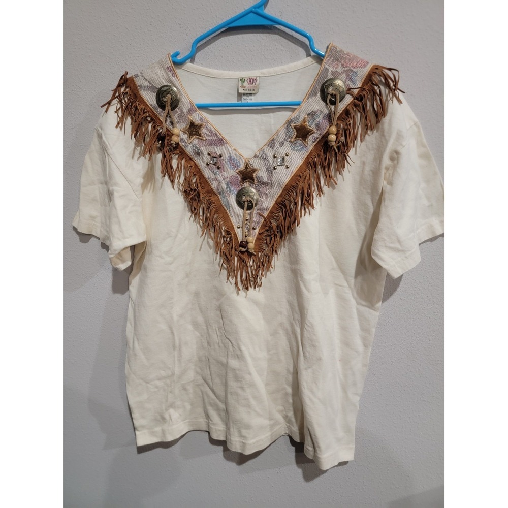 Cactus California Top Western Cowgirl Fringe‎ Embellished Sz L USA Made Vintage